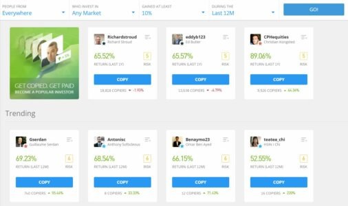 Screenshot of eToro social trading platform